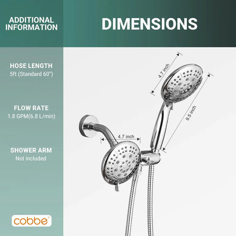 2 In 1 All In One Dual Shower Head System With Rainfall And Handheld Spray, 59 Inch Stainless Steel Hose, 1.8 GPM Water Saving Chrome Shower Combo