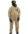 Disposable Protective Coverall With Hood And Elastic Cuffs Zipper Front Level C Safety Suit YL Size For Heights 4 Feet 2 Inches To 5 Feet 0 Inches Made In USA No Fuss Easy On Off Great For Worksite Hazmat Prep shown on model wearing mask and gloves