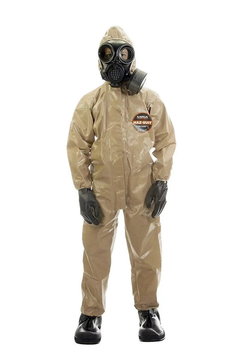 Person wearing Disposable Protective Coverall With Hood And Elastic Cuff Zip Front Size YS Level C Medical Safety Suit Made In USA.