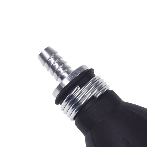 Close-up of rubber fuel primer bulb with metal 8mm fitting, part of Two Pack Rubber Fuel Primer Bulbs For Fuel Transfer Lines One Way Check Valve 8mm And 9mm Fittings Marine Carburetor And Low Pressure Systems Gasoline Petrol Diesel Pump Hand Primer