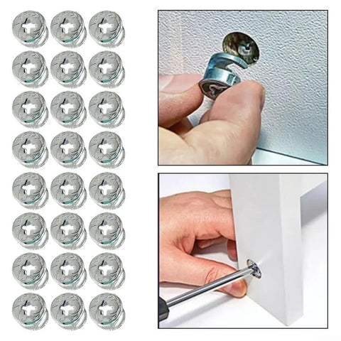 Dead Tight Zinc Alloy Cam Lock Nuts For Cabinets And Drawers Heavy Duty Furniture Connector Fasteners To Keep Wardrobes Secure For Easy DIY Fixes Pack Of 24 Pieces, showcasing 24 zinc alloy cam lock nuts in use.