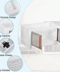 4 Pack Clear Amber Plastic Storage Bins With Secure Lids Stackable Collapsible Closet Organizers showcasing grooves, big capacity, and movable wheels.