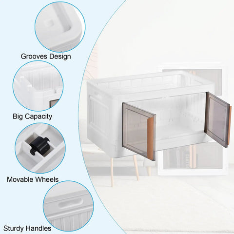 4 Pack Clear Amber Plastic Storage Bins With Secure Lids Stackable Collapsible Closet Organizers showcasing grooves, big capacity, and movable wheels.