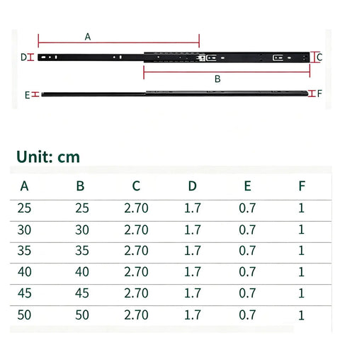 Heavy Duty Drawer Slides With Ball Bearing Rollers For Smooth Quiet Operation In Cabinets And Drawers Reinforced Track That Will Not Deform Under Heavy Use Durable Steel Bearings For Even Load Distribution Easy Install Long Lasting Performance. size chart in cm