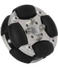 Front view of 48mm aluminum-alloy omni-directional wheel with six-bolt hub, black rubber rollers, silver hub.