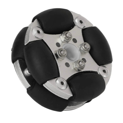 Front view of 48mm aluminum-alloy omni-directional wheel with six-bolt hub, black rubber rollers, silver hub.