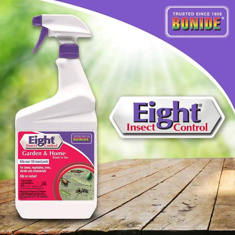 Eight Insect Control Garden And Home Outdoor Insecticide Kills Beetles Ants Aphids And More 32 Oz bottle on wooden surface