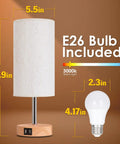 Two Pack Bedside Lamps With USB Port Touch Control 3 Way Dimmable Nightstand Lights Wood Base Round Flaxen Fabric Shade E26 Bulb