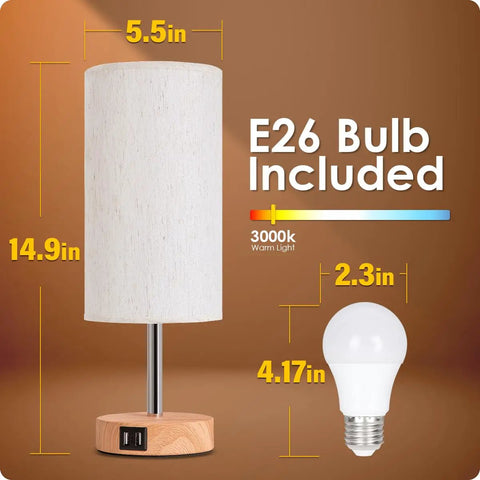Two Pack Bedside Lamps With USB Port Touch Control 3 Way Dimmable Nightstand Lights Wood Base Round Flaxen Fabric Shade E26 Bulb