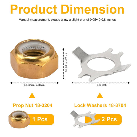 Prop Nut And Lock Tab Washer Kit For Outboard Motors 30 Hp To 60 Hp Replacement 18-3702 parts with dimensions displayed