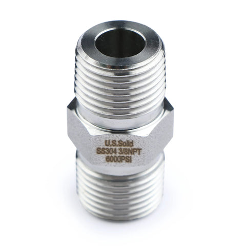 Front view of a 304 stainless steel hex nipple with double-ended 3/8 in NPT male threads.