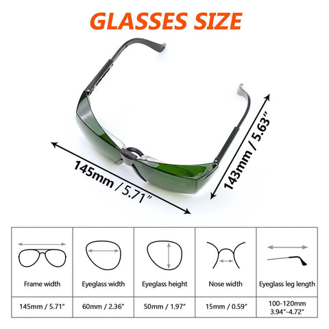 Heavy Duty IPL Safety Goggles Delivering Knockout OD4 Eye Protection Across 200 To 2000 Nanometers, showcasing size measurements.