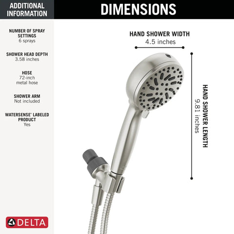 ProClean Handheld Shower Head With High Pressure Spray 6 Settings Brushed Nickel SpotShield Finish dimensions shown