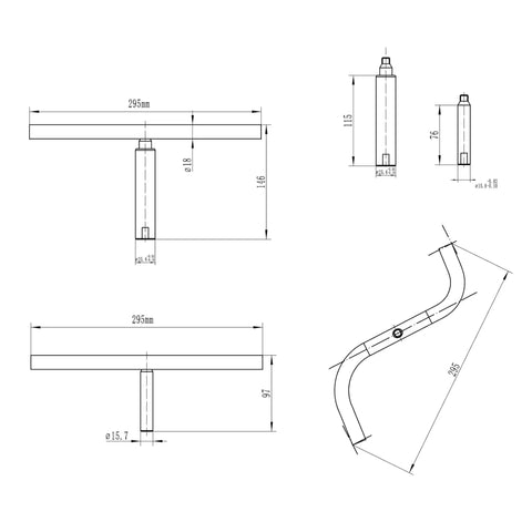 Technical drawing of Stainless Steel S Shaped Tool Rest Set For Woodturning Lathe Bowls with dimensions and details.