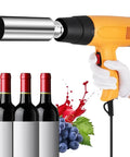 GFJYKDL Heat Shrink Gun For Bottles Featuring 50Mm Sealing Speed with a shiny nozzle and wine bottles in the background.