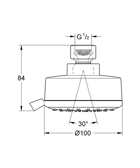 Technical drawing of Cosmopolitan 100 Shower Head With Four Sprays Rain O2 Rain Massage And Jet 2.5 GPM Starlight Chrome Finish