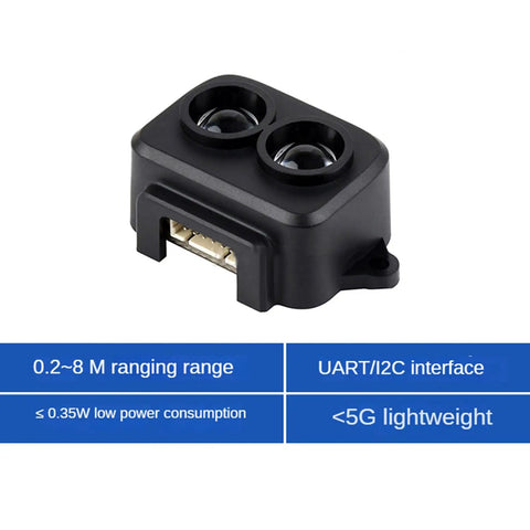 Front view of Tf Luna Lidar Range Sensor Module with 8M range, black ABS enclosure, suitable for robotics and automation.