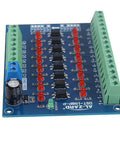 8 Channel Optocoupler Isolation Board No Fuss 24V To 3.3V Level Shifter with PNP output, blue PCB with terminal blocks, front view.