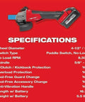 Job Site Ready Cordless Angle Grinder Kit Cuts 4 1/2 And 5 Inch Discs with specifications on a red background.