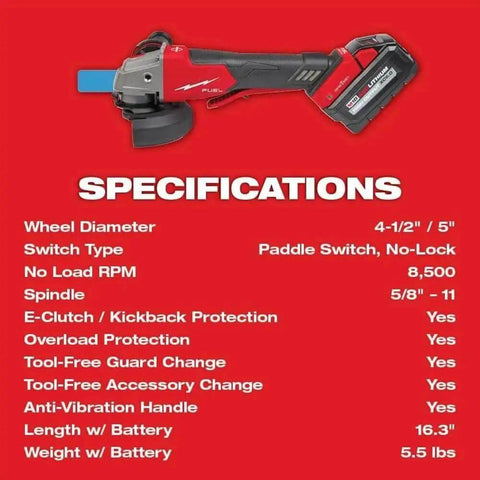 Job Site Ready Cordless Angle Grinder Kit Cuts 4 1/2 And 5 Inch Discs with specifications on a red background.
