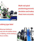 High Speed Automatic Label Applicator For Round Bottles Featuring Smooth Riding Conveyor Tracks Pro Level 200 Unit Per Minute Arrangement showing multi-rod positioning for accuracy.