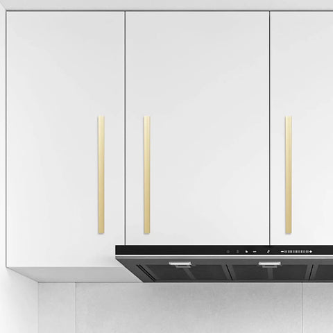 Sleek Brushed Gold Cabinet Pulls 10 Pack With 10 Inch Hole Centers Modern Kitchen Drawer Handles on white cabinets.