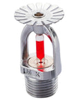 Quick Release Pendent Fire Sprinkler Head With Sixty Eight Degree Trigger And One Half Inch Threads, chrome finish with red activation indicator.
