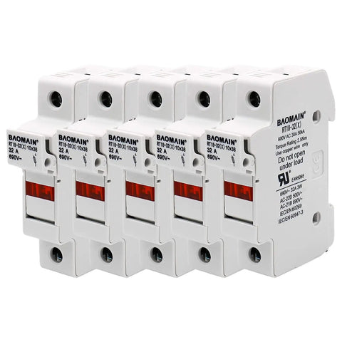 5 Pack RT18 32 X 1P DIN Rail Fuse Holder 32A 690V AC Cylindrical Base For 10x38mm Fuses With LED Indicator Light UL CE Certified