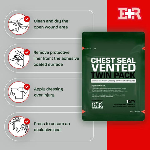 Chest seal vented twin pack by Ever Ready First Aid, 6.6-inch square occlusive dressings in green pouch (front view).