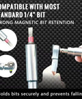 Heavy Duty Flex Head Ratchet Wrench With Hex Bit Extension And One Quarter Inch T Handle Ratchet Tool Including Socket Adapter Set Three Piece Pack, showing magnetic bit attachment.