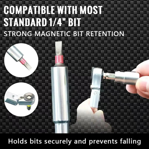 Heavy Duty Flex Head Ratchet Wrench With Hex Bit Extension And One Quarter Inch T Handle Ratchet Tool Including Socket Adapter Set Three Piece Pack, showing magnetic bit attachment.