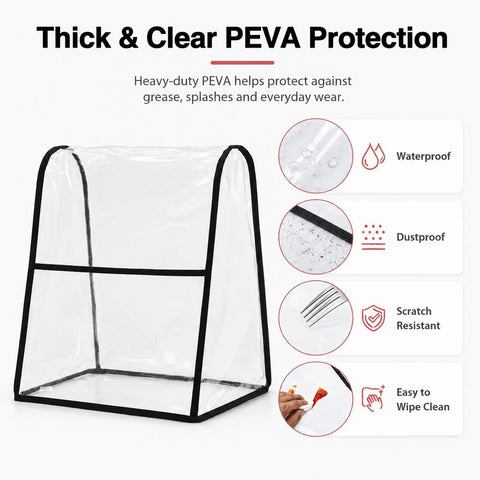 Clear Heavy Duty PEVA Stand Mixer Cover for 5 to 8 Quart Mixers, waterproof and dustproof features displayed alongside cover.