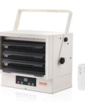 Cranks Out 5000W Garage And Workshop Heater with remote, digital control, fan forced heat, wall or ceiling mount, visible controls.