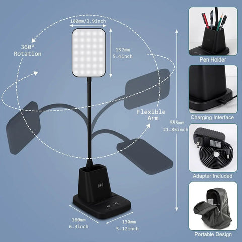 Lit Desk Lamp With Built In Wireless Charger And Pen Holder, Dimmable LED Desk Light for Home Office, showing flexible arm and adapter