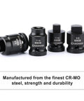 Eight-Piece One-Half Inch Drive Pipe Plug Socket Set, Cr-Mo Steel With Black Phosphate Finish, Low-Profile Access Display