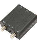 NTSC TV Modulator For Composite To RF Coax, PLL VHF Channel 3 Or 4, black ABS case, connectors visible, top view