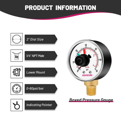 0 To 60 Psi Bar Pool Filter Pressure Gauge With 2 Inch Dial And One Quarter Inch Npt Lower Mount For Swimming Pools Spas And Aquariums Replacement Dial Kit featuring product details and boxed design.