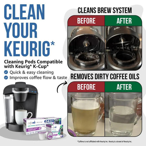 Before and after image showing Coffee Machine Cleaning Pods Kit With 24 Rinse Pods Eco Friendly Formula Removes Stale Coffee Residue And Stains