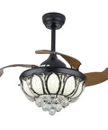 FAIRYPAGODA Retractable Ceiling Fan with Light and Handheld Controller featuring decorative crystal accents and brown blades.