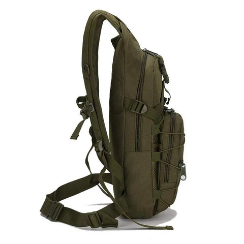 Side view of Army Green Camouflage Rucksack Backpack for Men and Women, Oxford Fabric Hiking Pack With 42x21x21 cm Size
