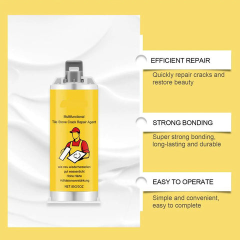 All In One Tile Crack Repair Kit For DIY Pros With Quick Drying Glue And Complete Tool Set shown with product description and benefits.