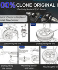 MX Sensor 2in1 Dual Frequency Tire Pressure Sensor 315MHz 433MHz Pack Of 20 With 100% Sensor ID Cloning, Relearn-Free Replacement For TPMS, Plug-And-Play Install; 5-step tire install diagram