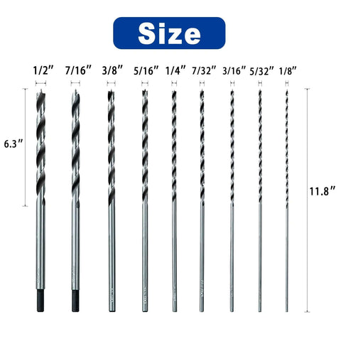 Front view of Sali 13-piece brad-point wood drill bit set, carbon steel, extra-long 11in, sizes 1/2in to 1/8in