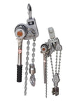 Lightweight Aluminum Hand Chain Hoist Plus Manual Cable Tightener For Industrial Lifting Projects With Strong Wire Rope Tension Grip And Easy Lever Block Operation In 0.75T 3M Heavy Duty Setup Now showing dual hoists with chains and hooks.