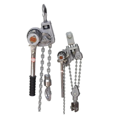 Lightweight Aluminum Hand Chain Hoist Plus Manual Cable Tightener For Industrial Lifting Projects With Strong Wire Rope Tension Grip And Easy Lever Block Operation In 0.75T 3M Heavy Duty Setup Now showing dual hoists with chains and hooks.
