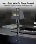 2 Pack Desk Clamp Studio Monitor Stands display weight capacity, heavy-duty metal construction, adjustable for desktop speakers.