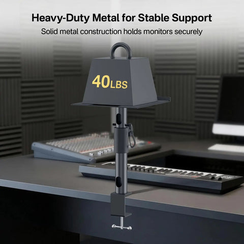 2 Pack Desk Clamp Studio Monitor Stands display weight capacity, heavy-duty metal construction, adjustable for desktop speakers.