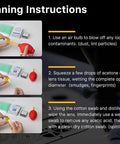 CO2 laser lens cleaning instructions graphic showing three steps with air bulb, acetone on tissue, and swabs.