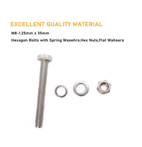 Heavy Duty M8 X 35Mm Hex Bolts Kit With Matching Nuts Flat Washers And Spring Lock Hardware In Rock Solid 304 Stainless Steel, showing hexagon bolt, nuts, washers.