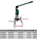 Built Tough Heavy Duty Hydraulic Gear Puller Kit with dual jaws and specifications chart for vertical or horizontal use.